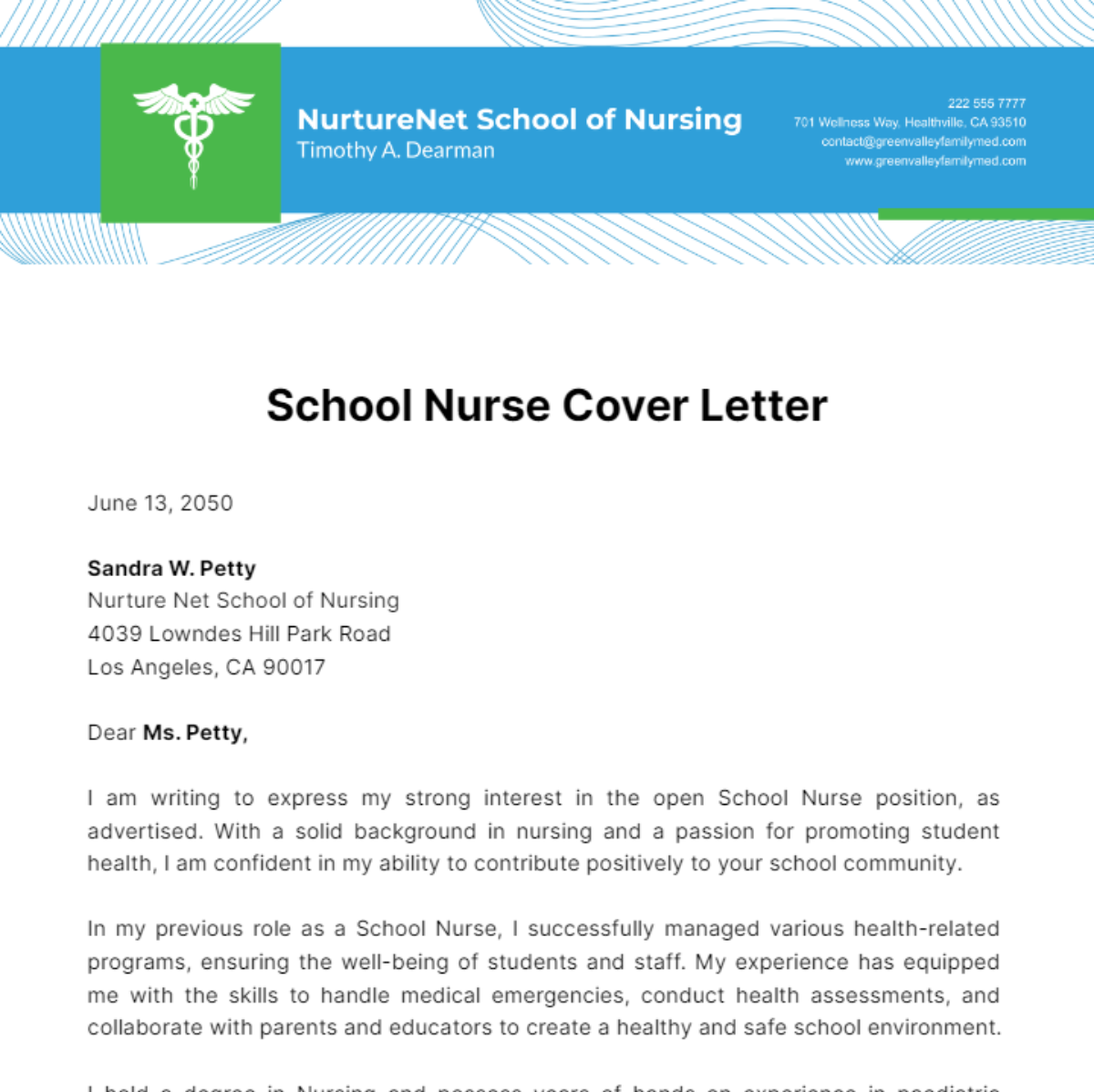 School Nurse Cover Letter Template