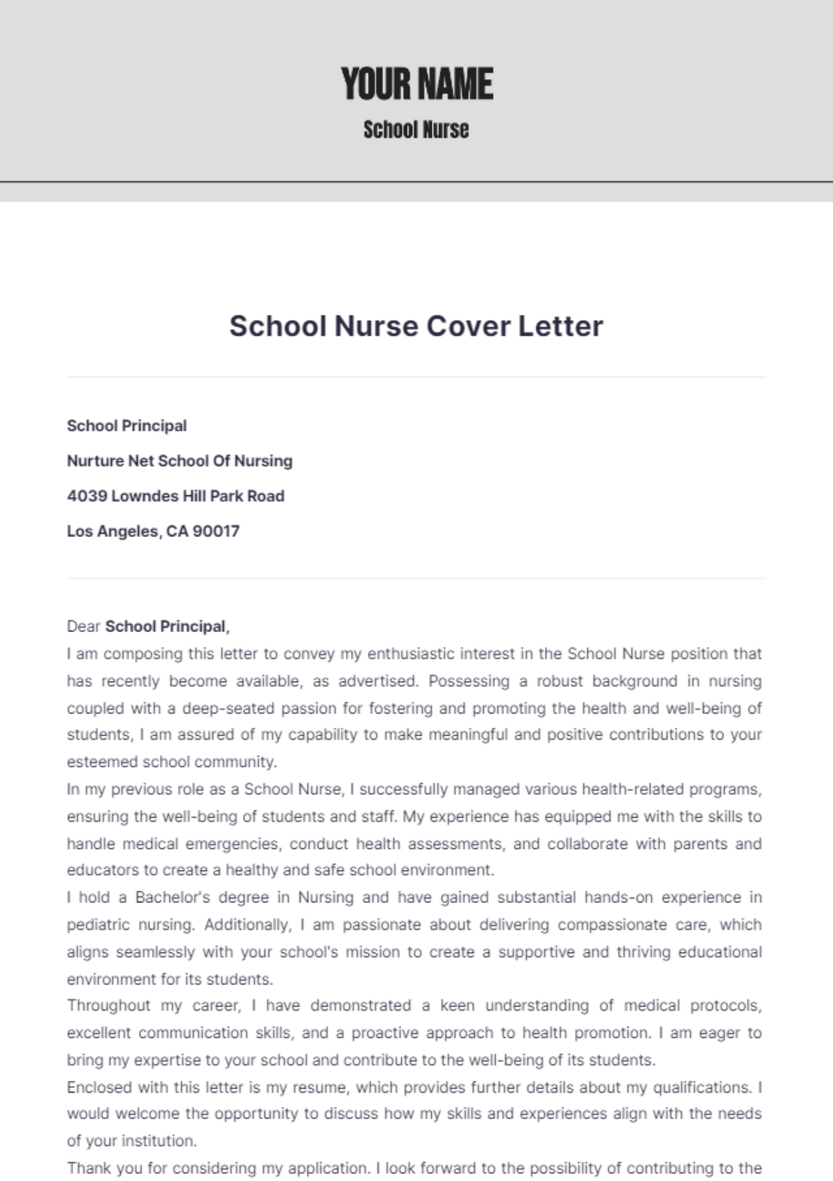 School Nurse Cover Letter - Edit Online & Download