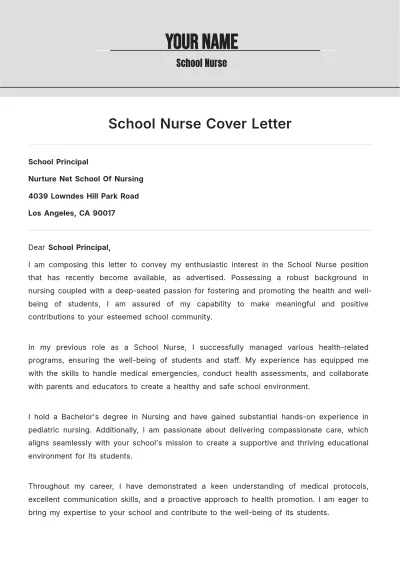 Free School Nurse Cover Letter to Edit Online