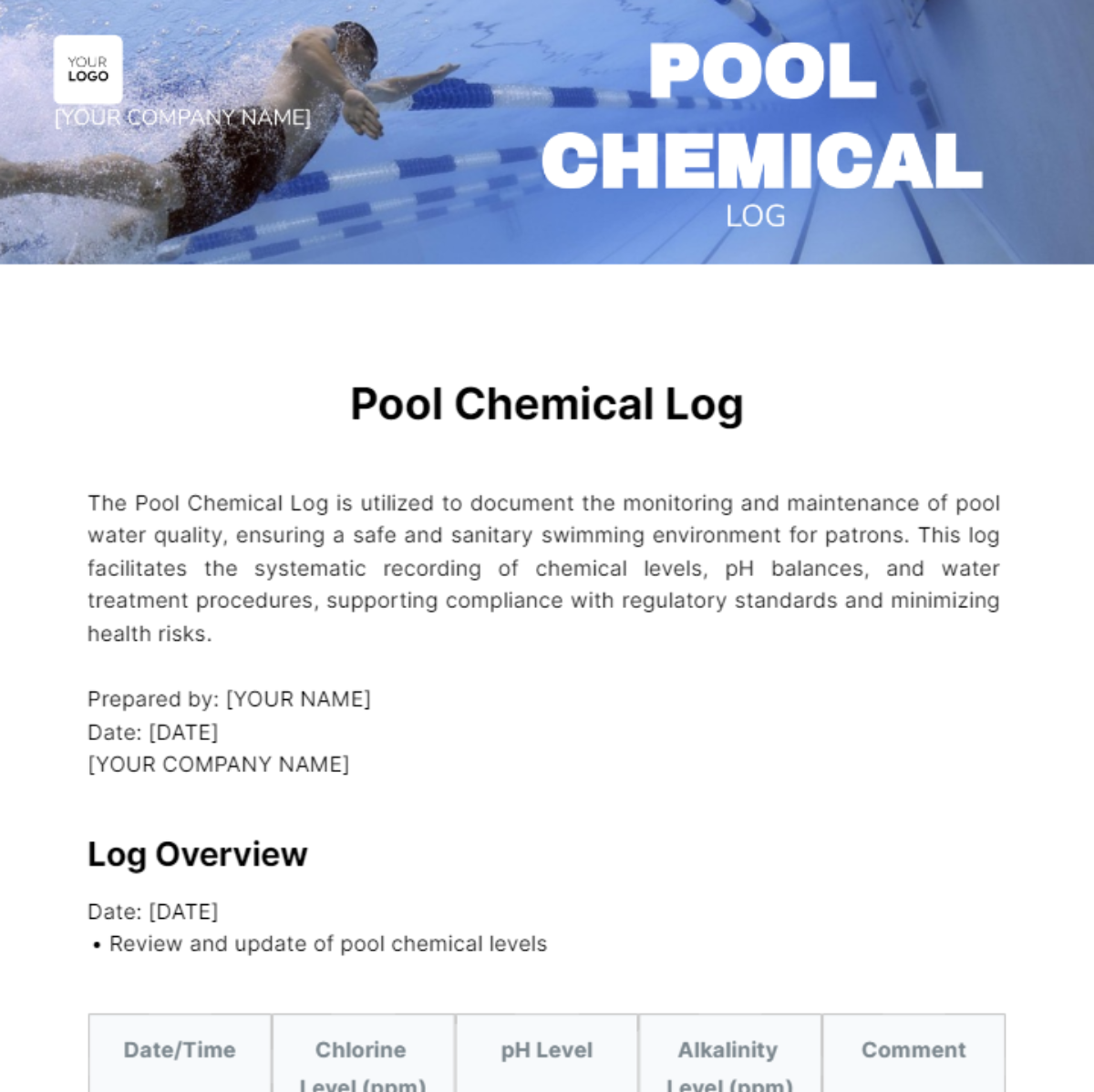 Pool Chemical Log Template