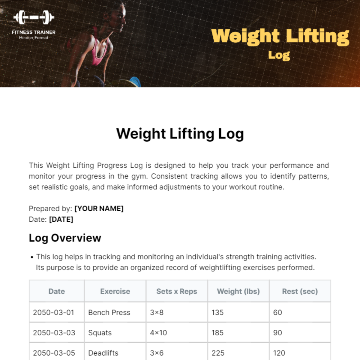 Weight Lifting Log Template