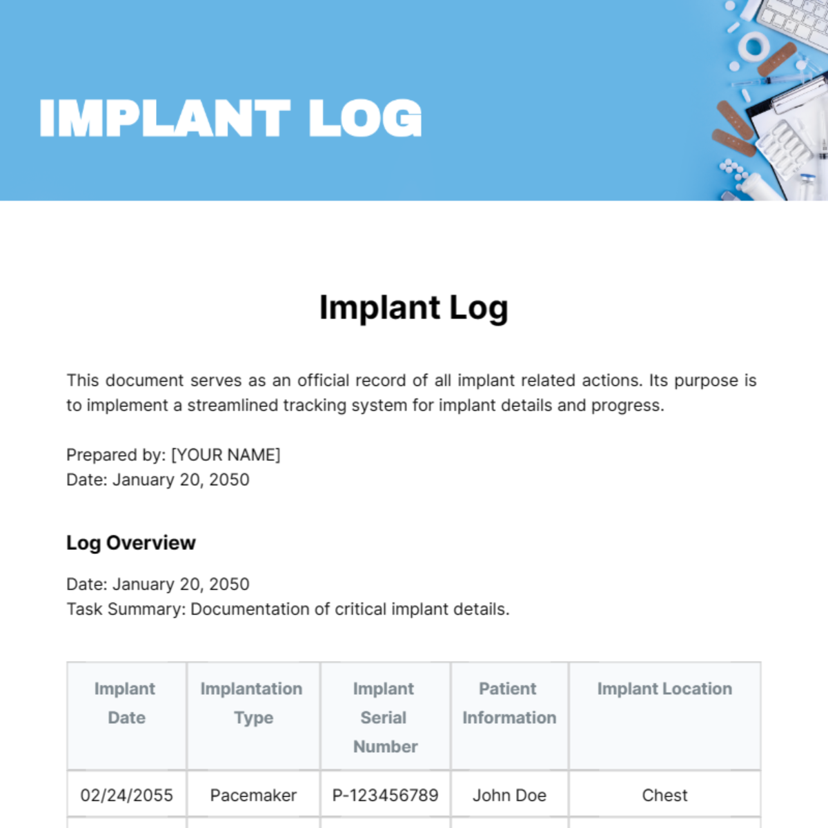 Implant Log Template