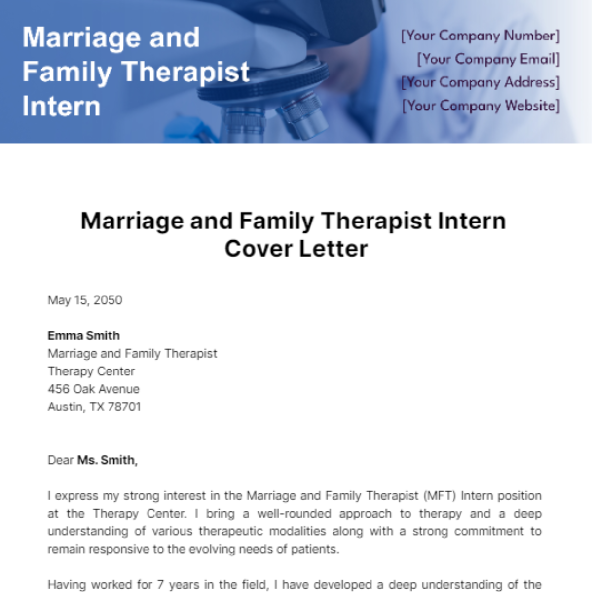 Marriage and Family Therapist (MFT) Intern Cover Letter Template