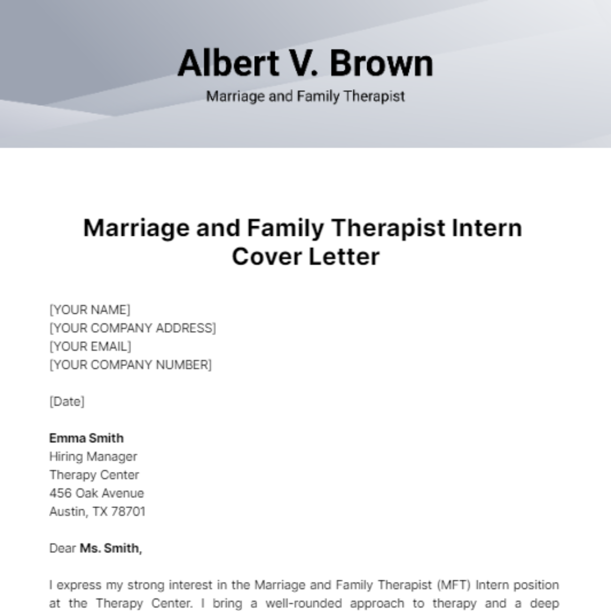 Free Marriage and Family Therapist (MFT) Intern Cover Letter Template