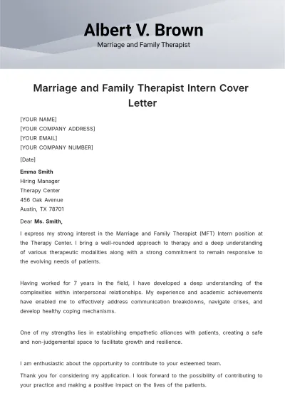 Free Marriage and Family Therapist (MFT) Intern Cover Letter Template to Edit Online