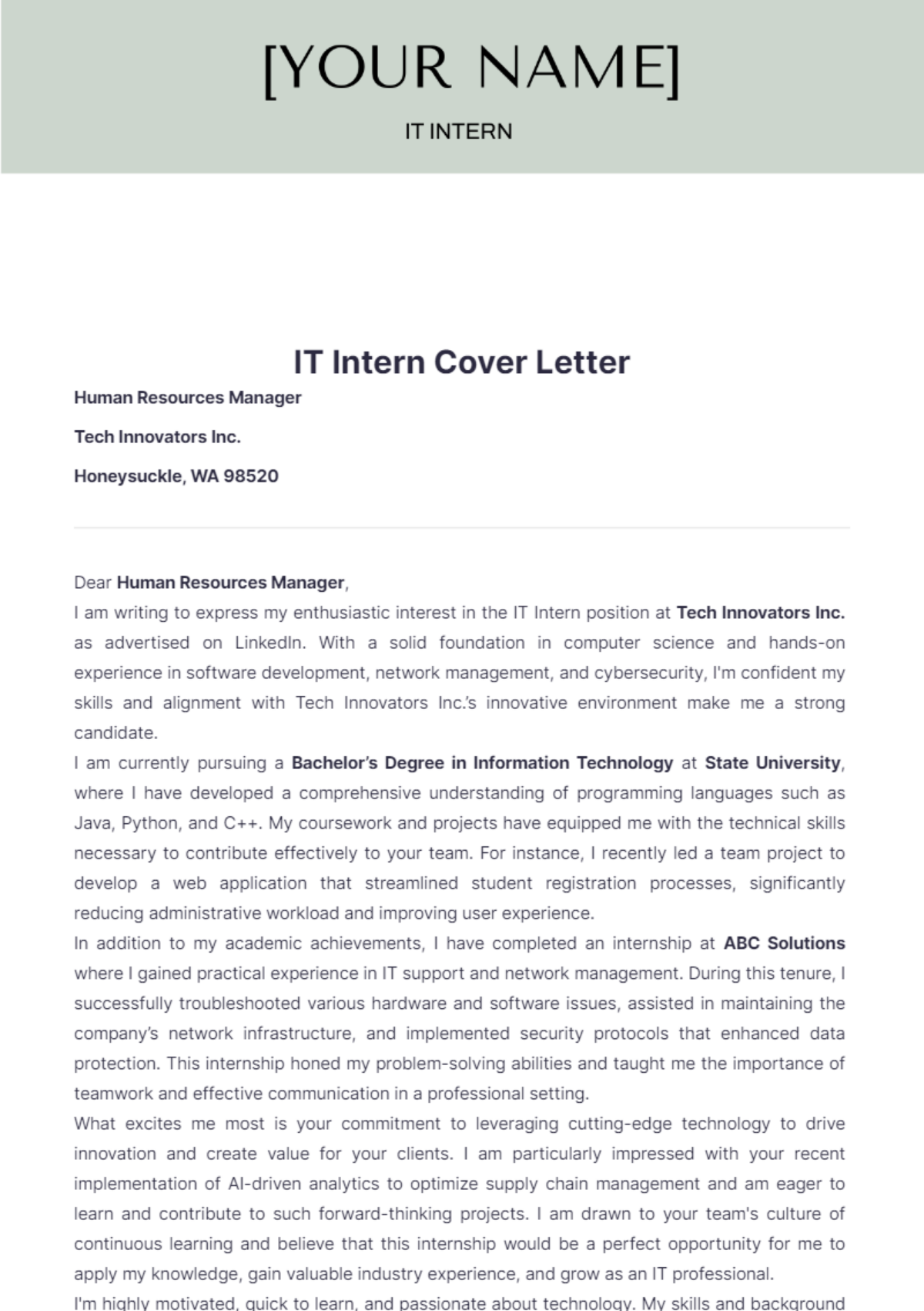 IT Intern Cover Letter Template - Edit Online & Download