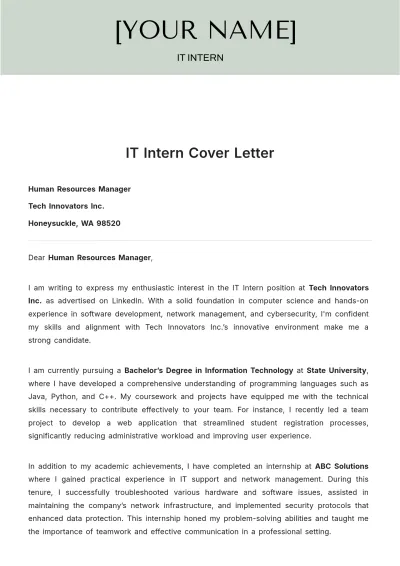 Free IT Intern Cover Letter Template to Edit Online