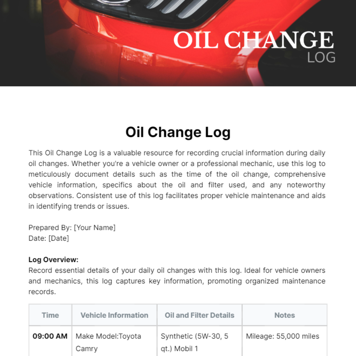 Oil Change Log Template