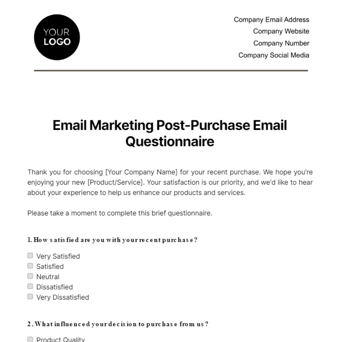 Free Email Marketing Post-Purchase Email Questionnaire Template
