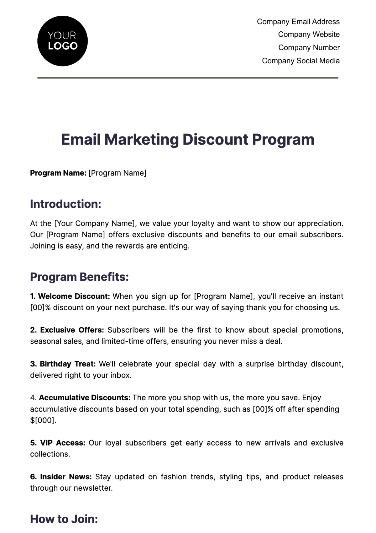Free Email Marketing Discount Program Template to Edit Online