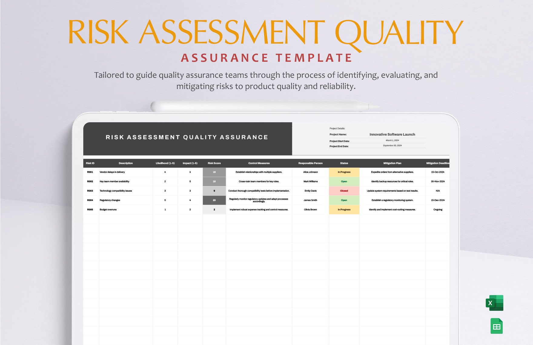Risk Assessment Quality Assurance Template in Excel, Google Sheets