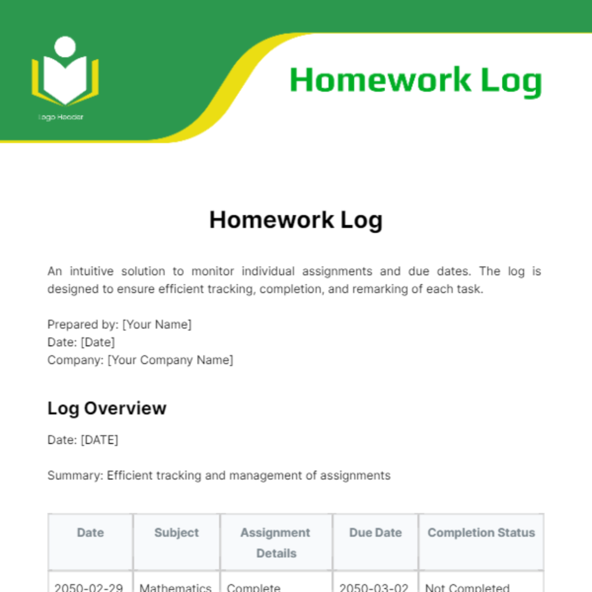 Homework Log Template