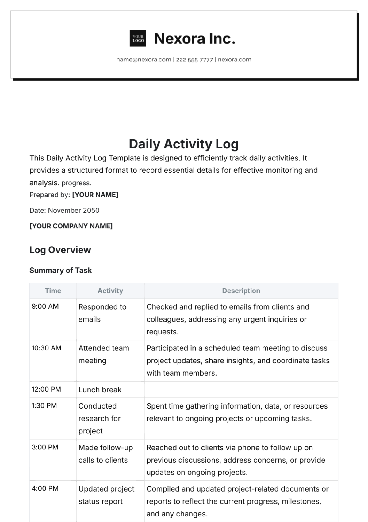 Daily Activity Log Template - Edit Online & Download