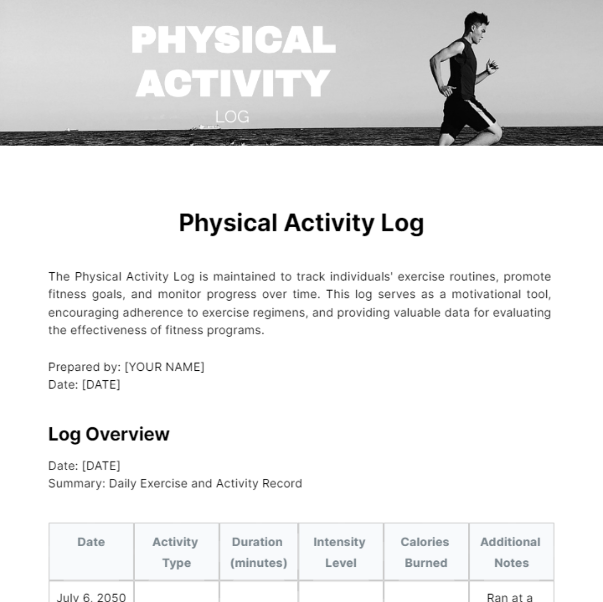 Free Physical Activity Log Template