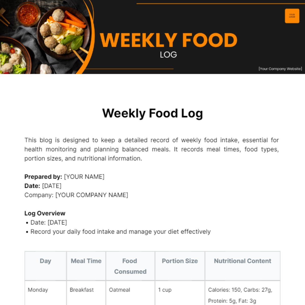 Weekly Food Log Template
