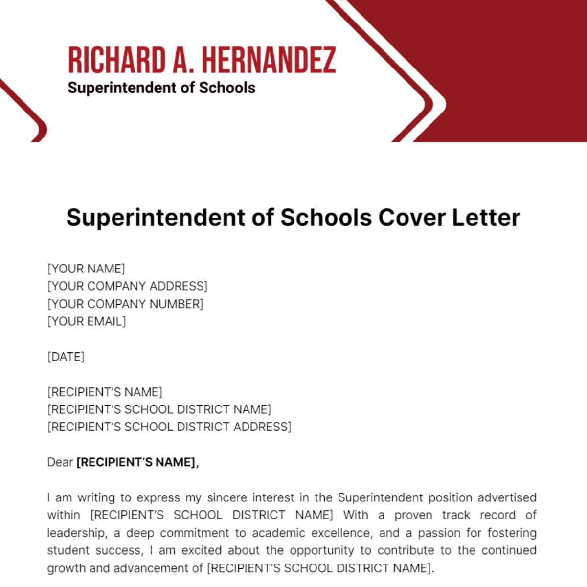 Superintendent of Schools Cover Letter Template