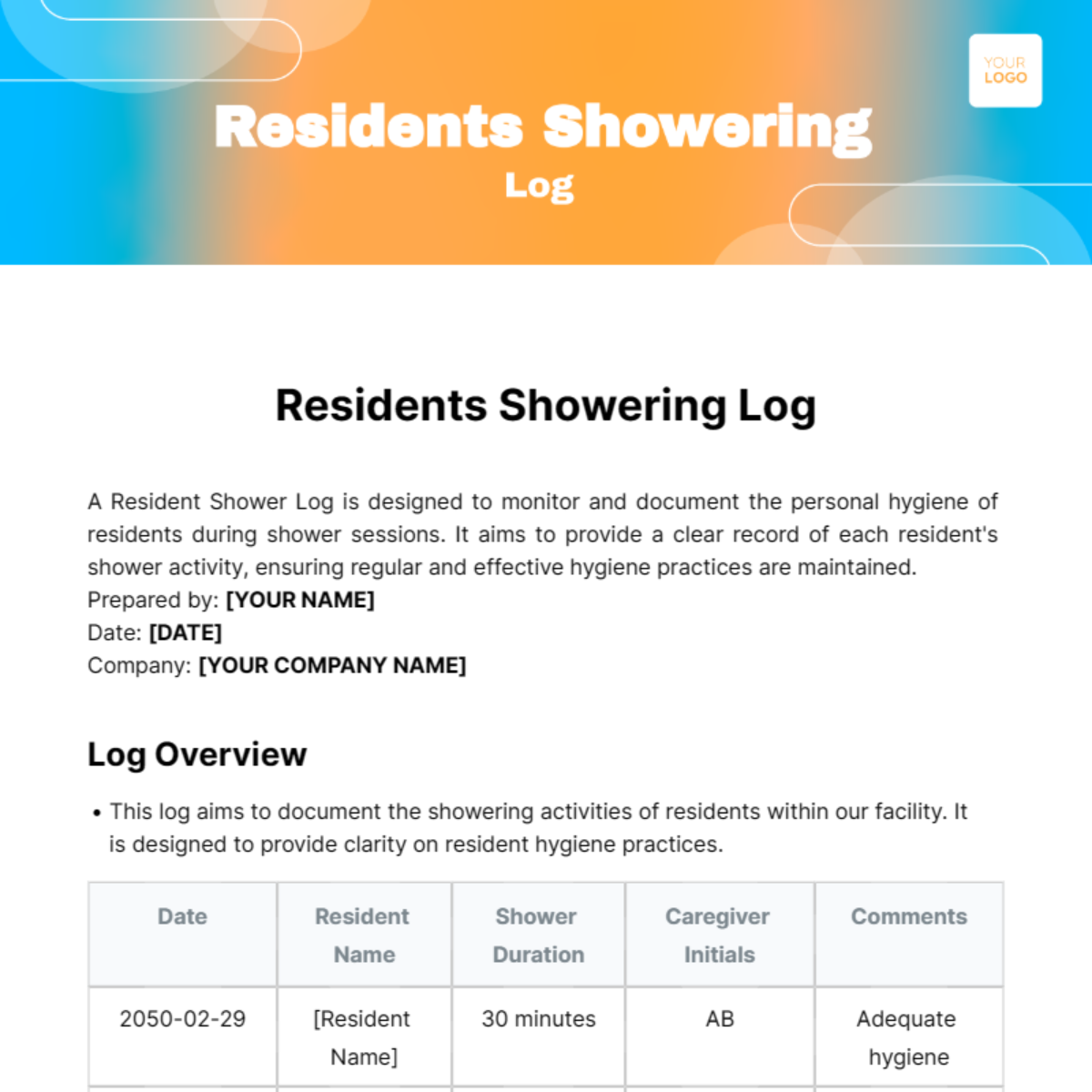 Resident Shower Log Template