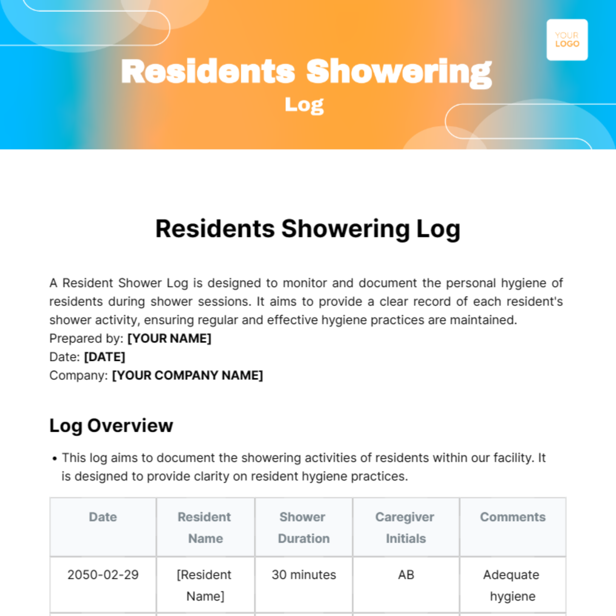 Resident Shower Log Template - Edit Online & Download