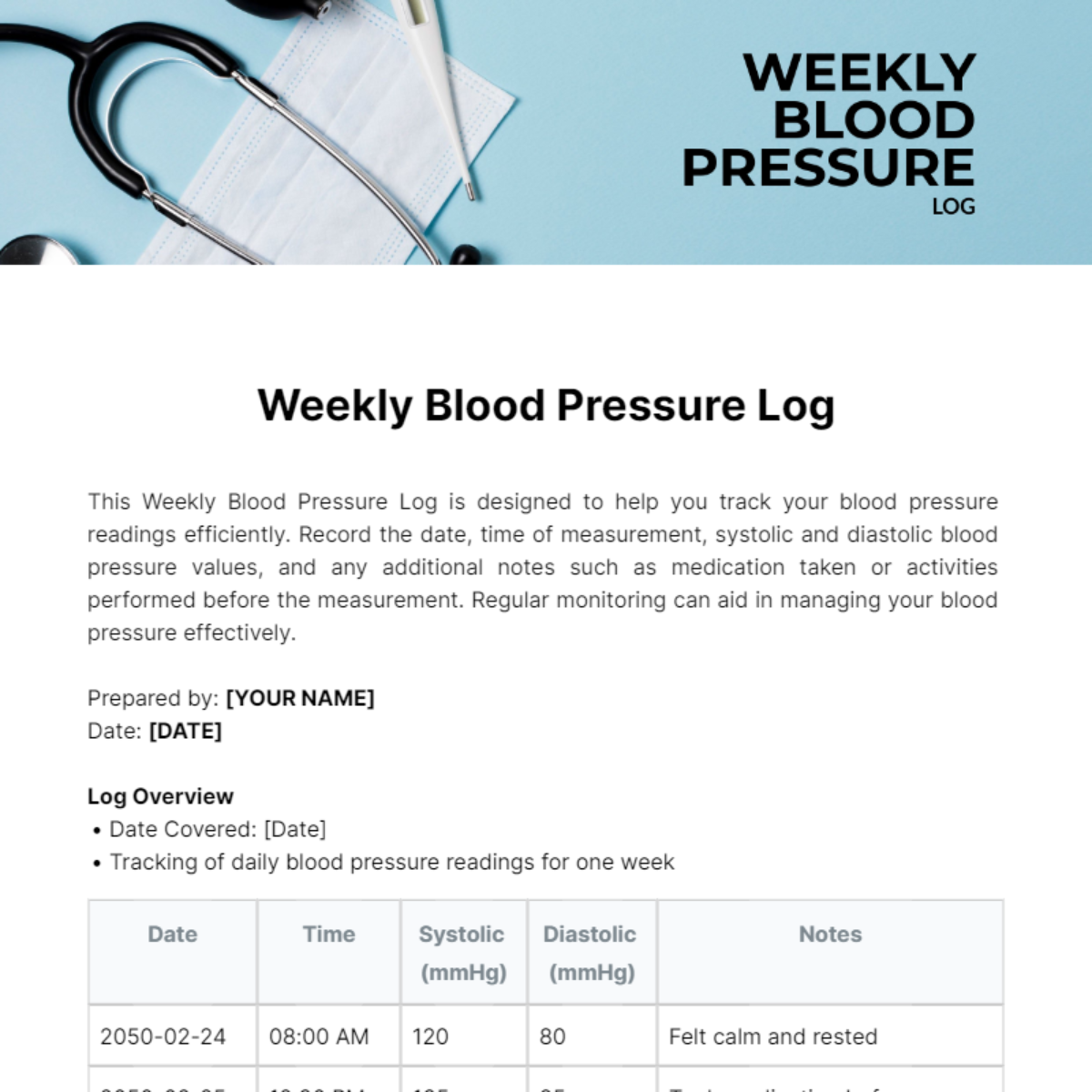 Weekly Blood Pressure Log Template