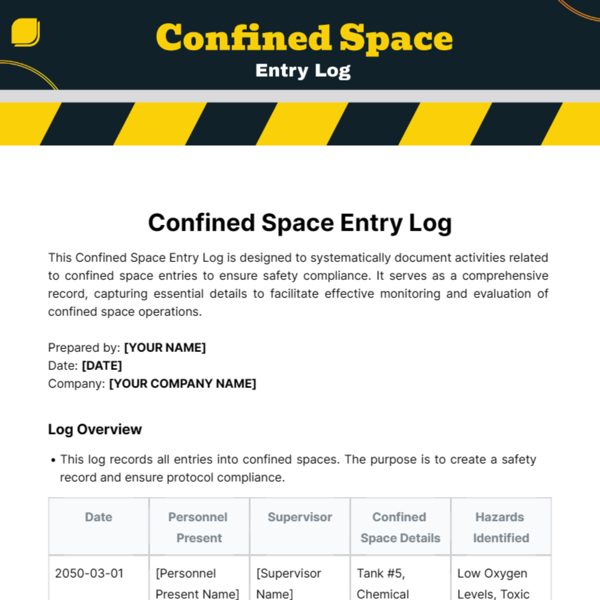 Confined Space Entry Log Template