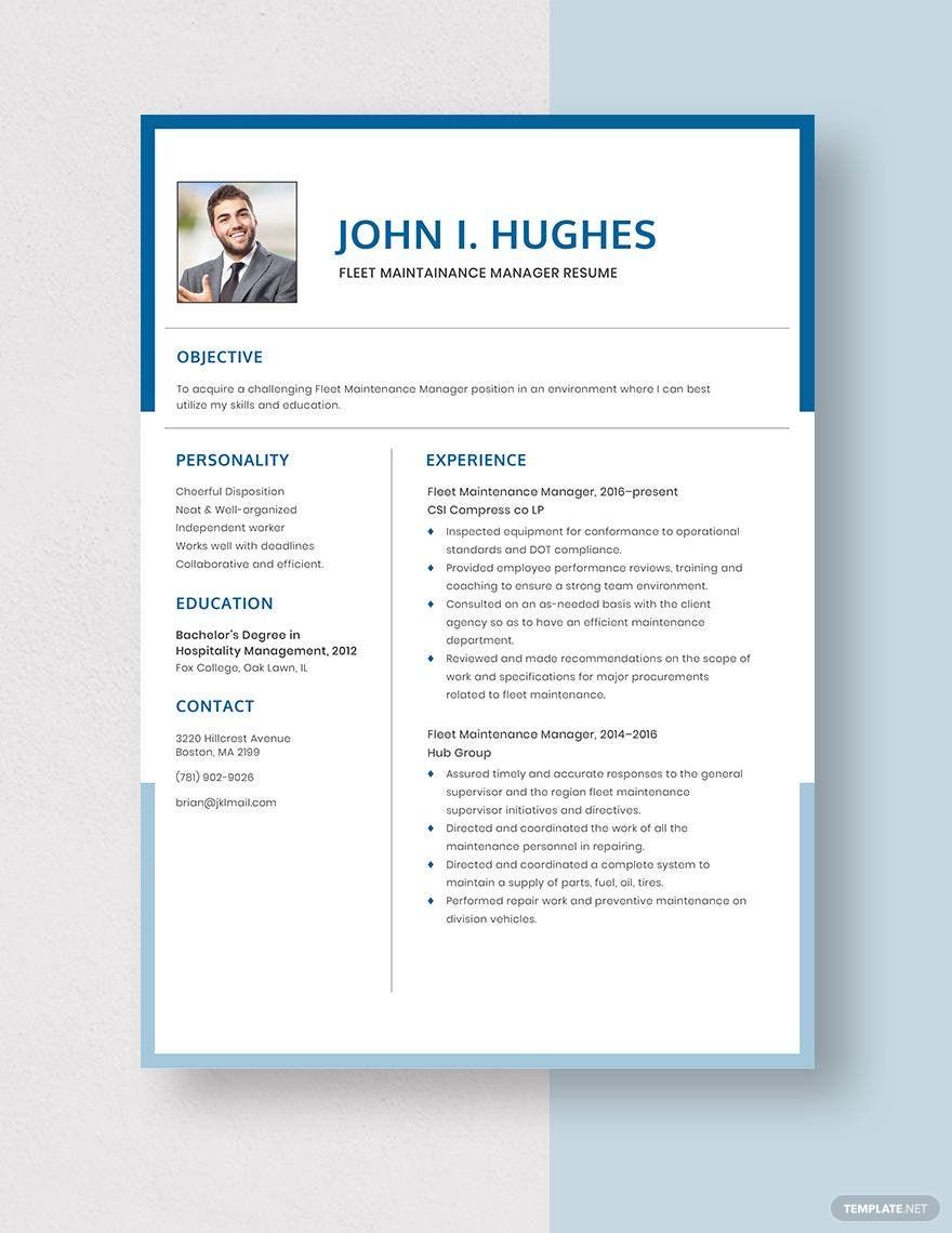 Fleet Maintenance Manager Resume Template