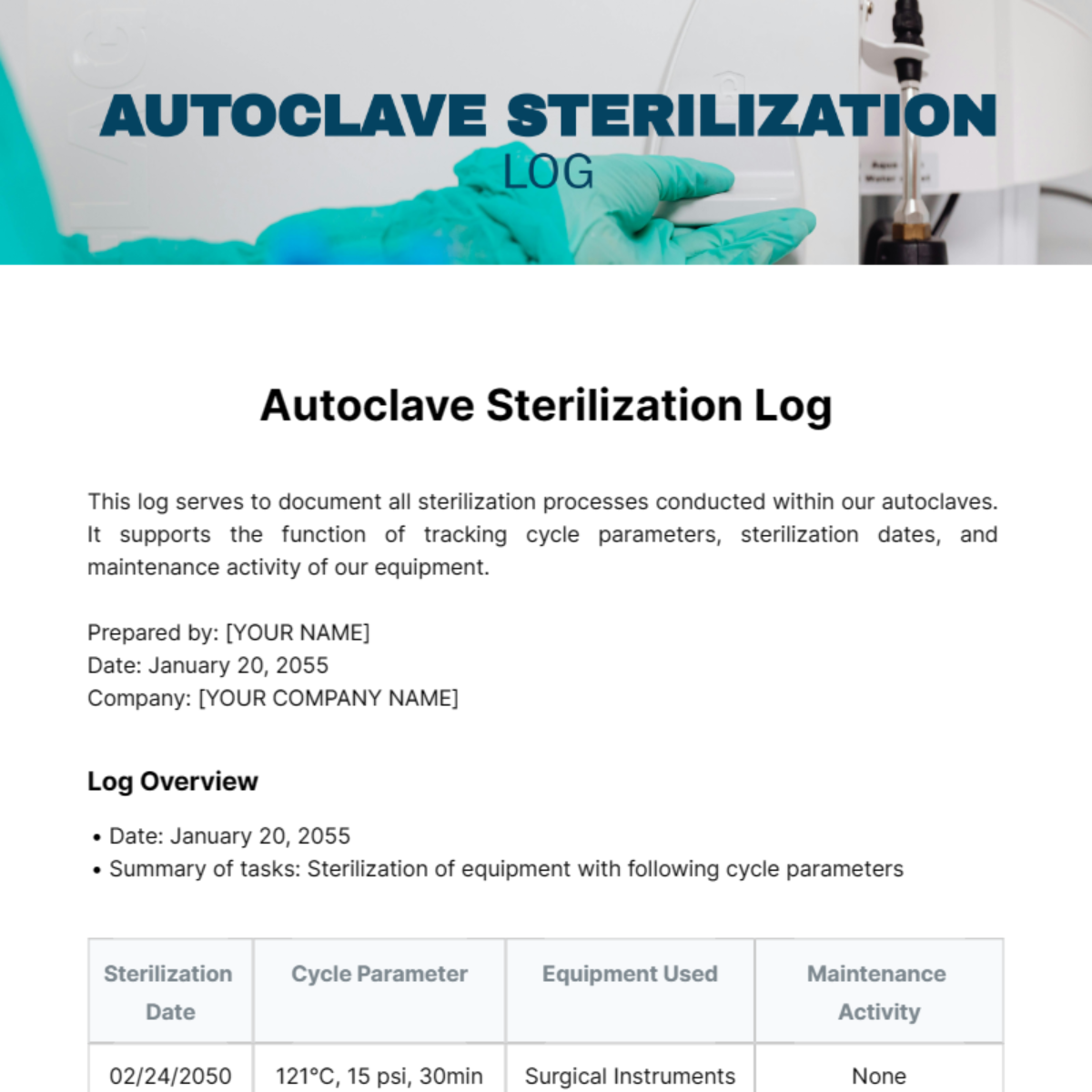 Autoclave Sterilization Log Template
