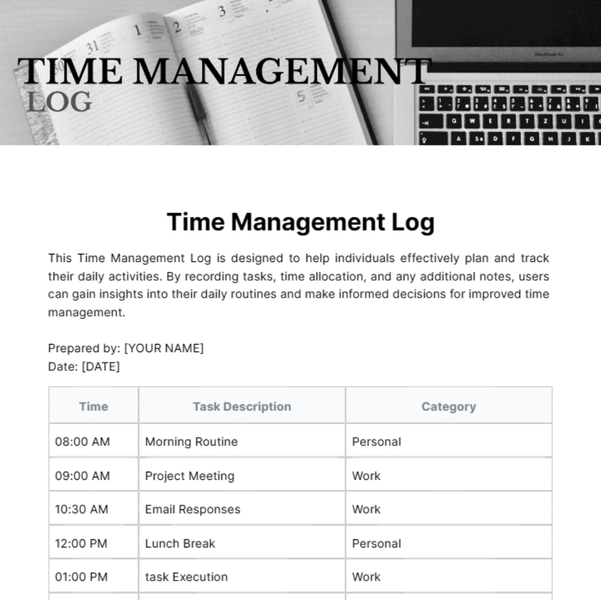 Time Management Log Template
