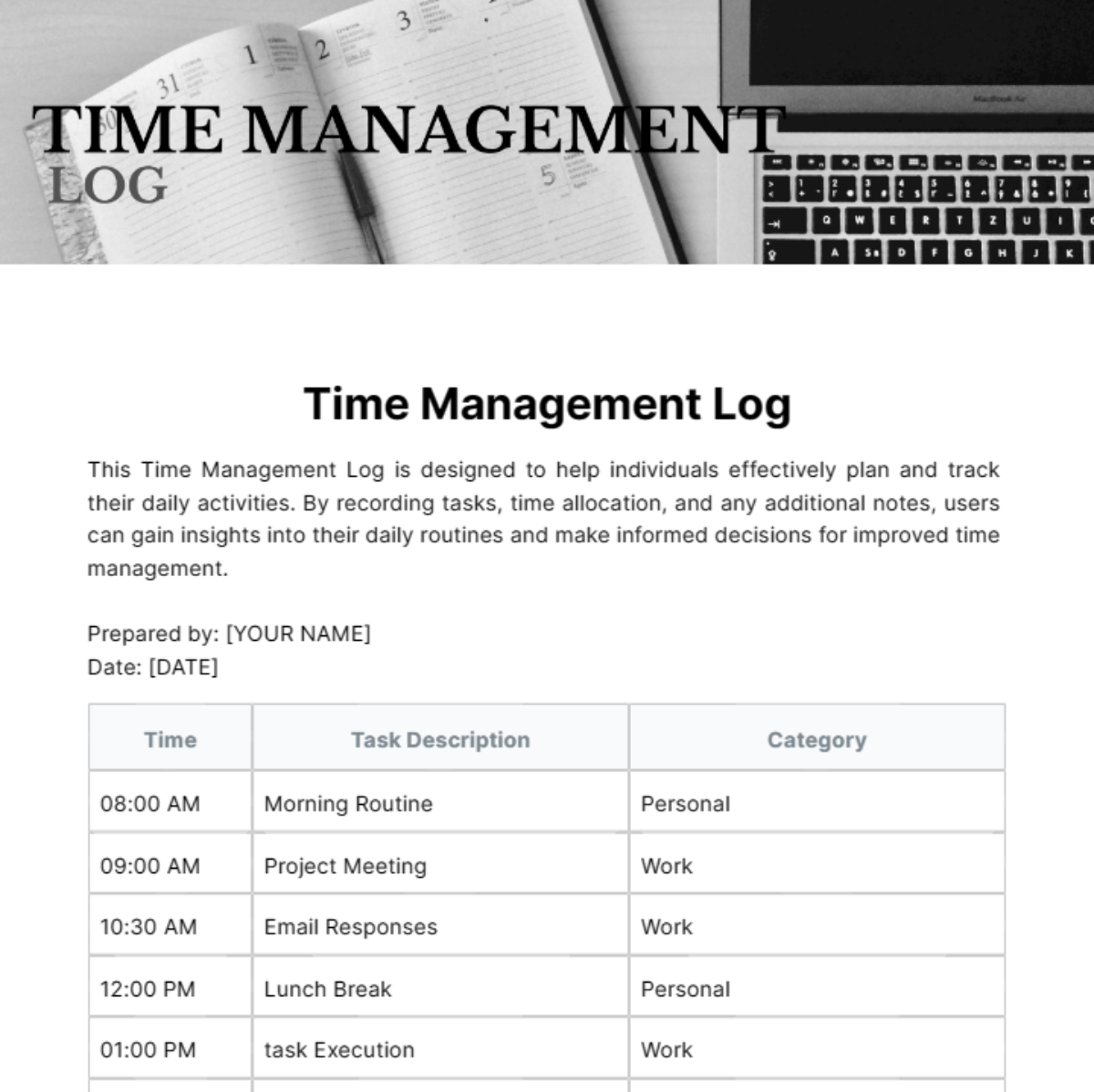 Time Management Log Template - Edit Online & Download