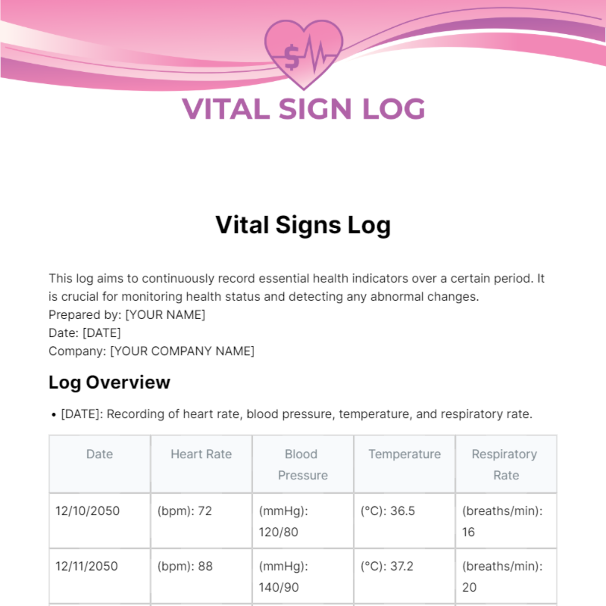 Vital Signs Log Template - Edit Online & Download