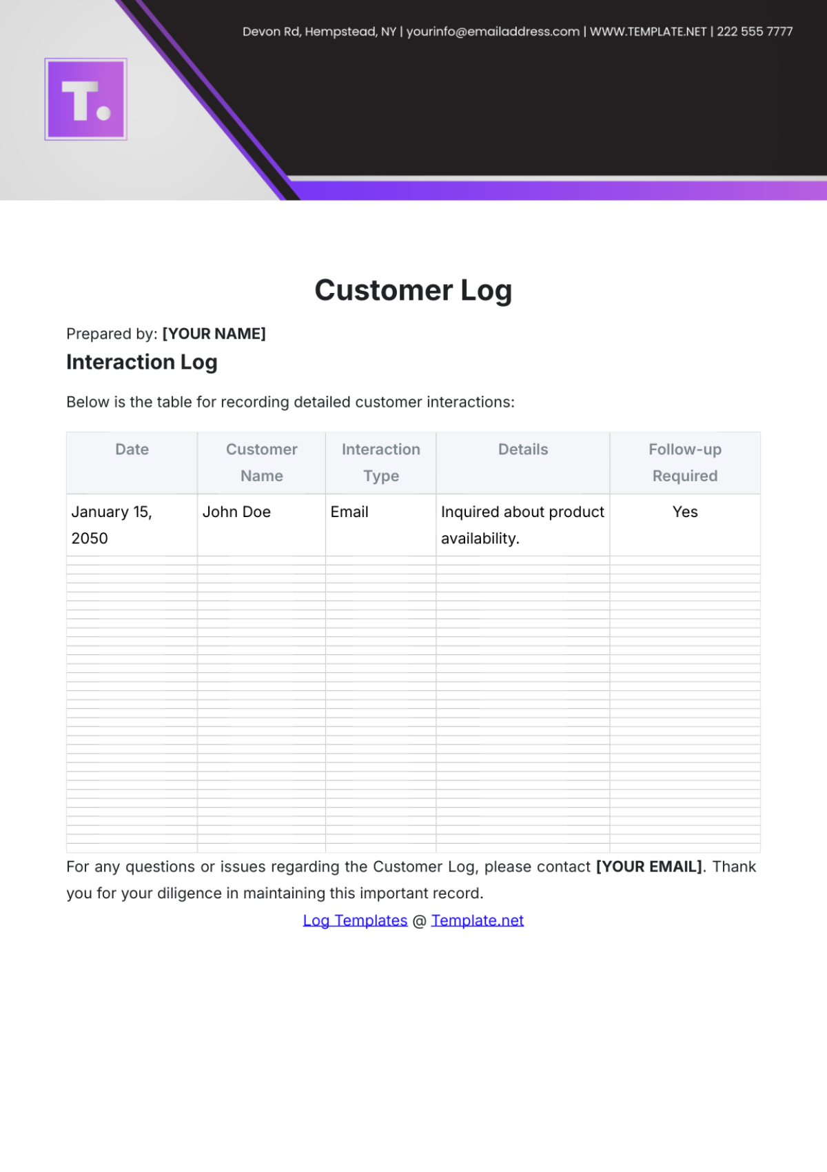 Customer Log Design Template - Edit Online & Download