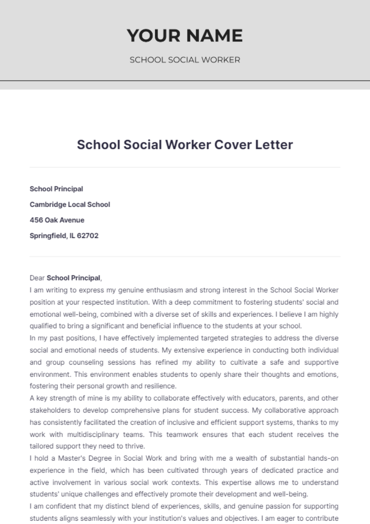 School Social Worker Cover Letter - Edit Online & Download