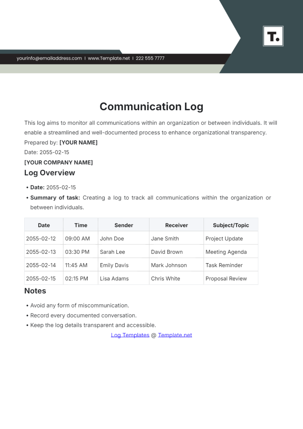 Communication Log Template - Edit Online & Download