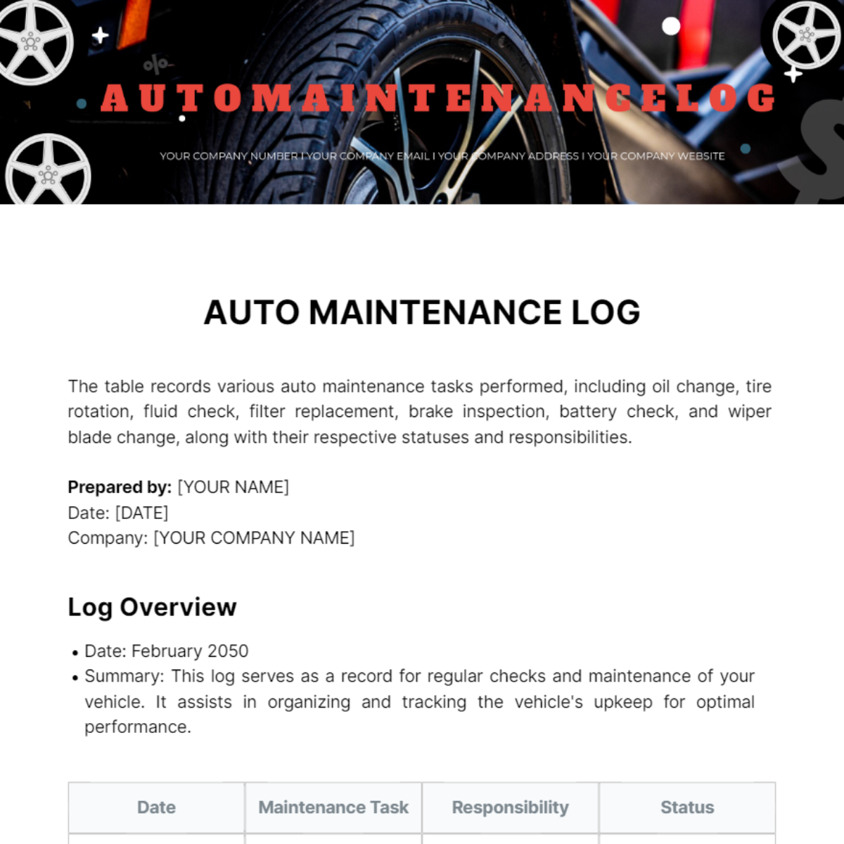 Auto Maintenance Log Template