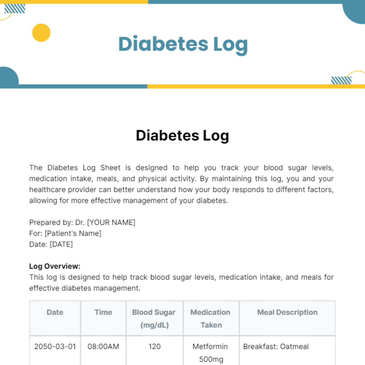 Diabetes Log Template