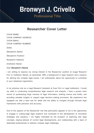 Free Researcher Cover Letter Template to Edit Online
