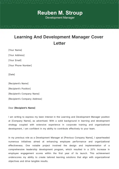 Free Learning And Development Manager Cover Letter Template to Edit Online
