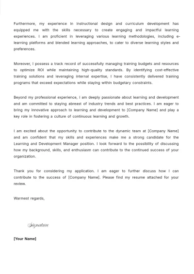 Free Learning And Development Manager Cover Letter Template to Edit Online