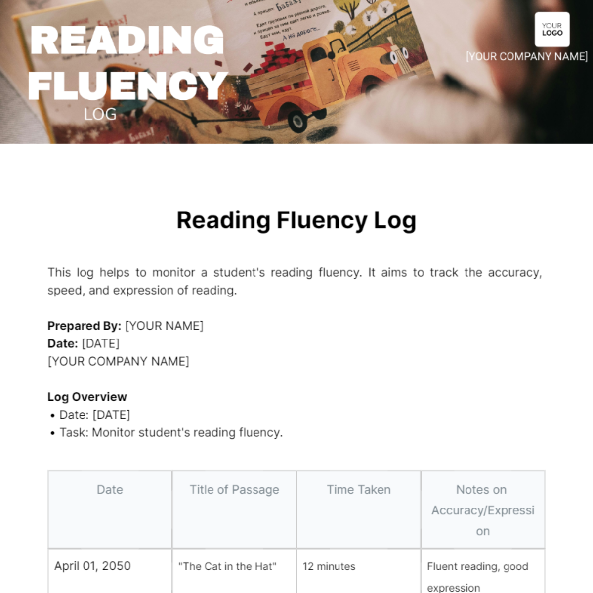 Reading Fluency Log Template