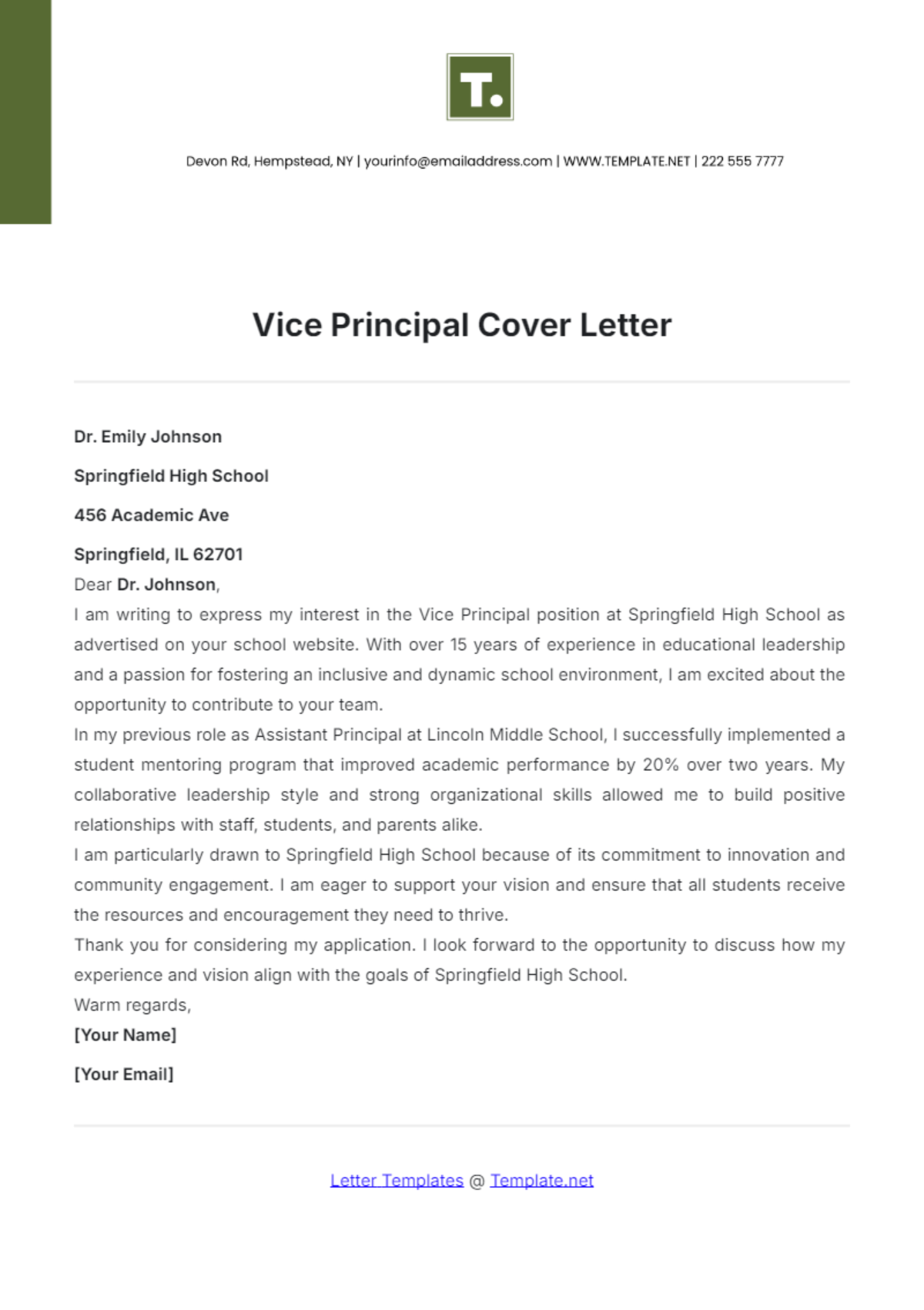 Vice Principal Cover Letter Template - Edit Online & Download