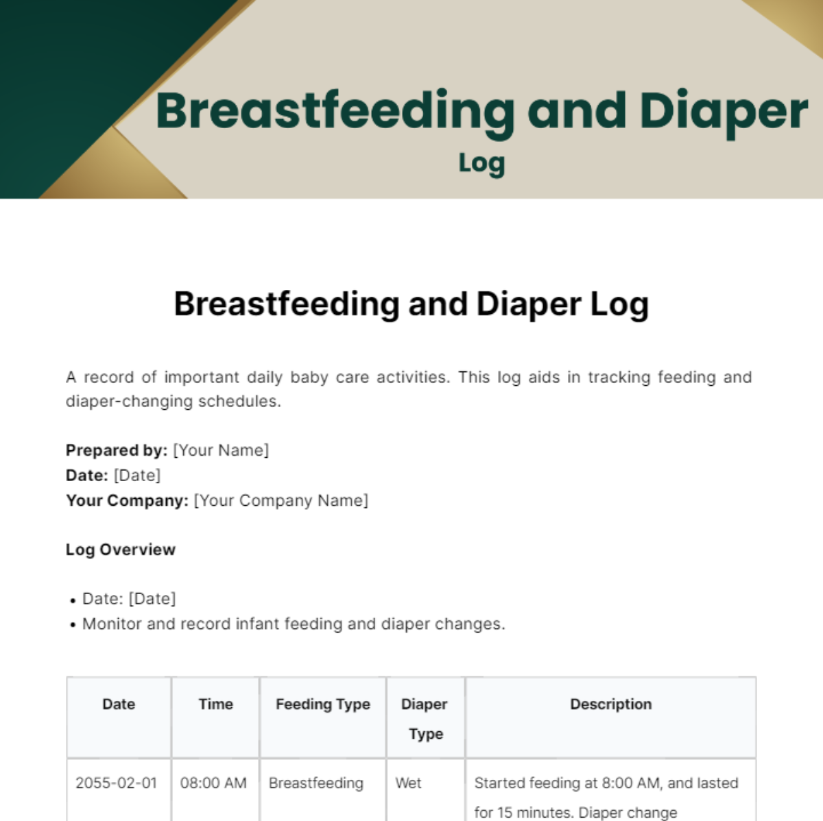 Breastfeeding and Diaper Log Template