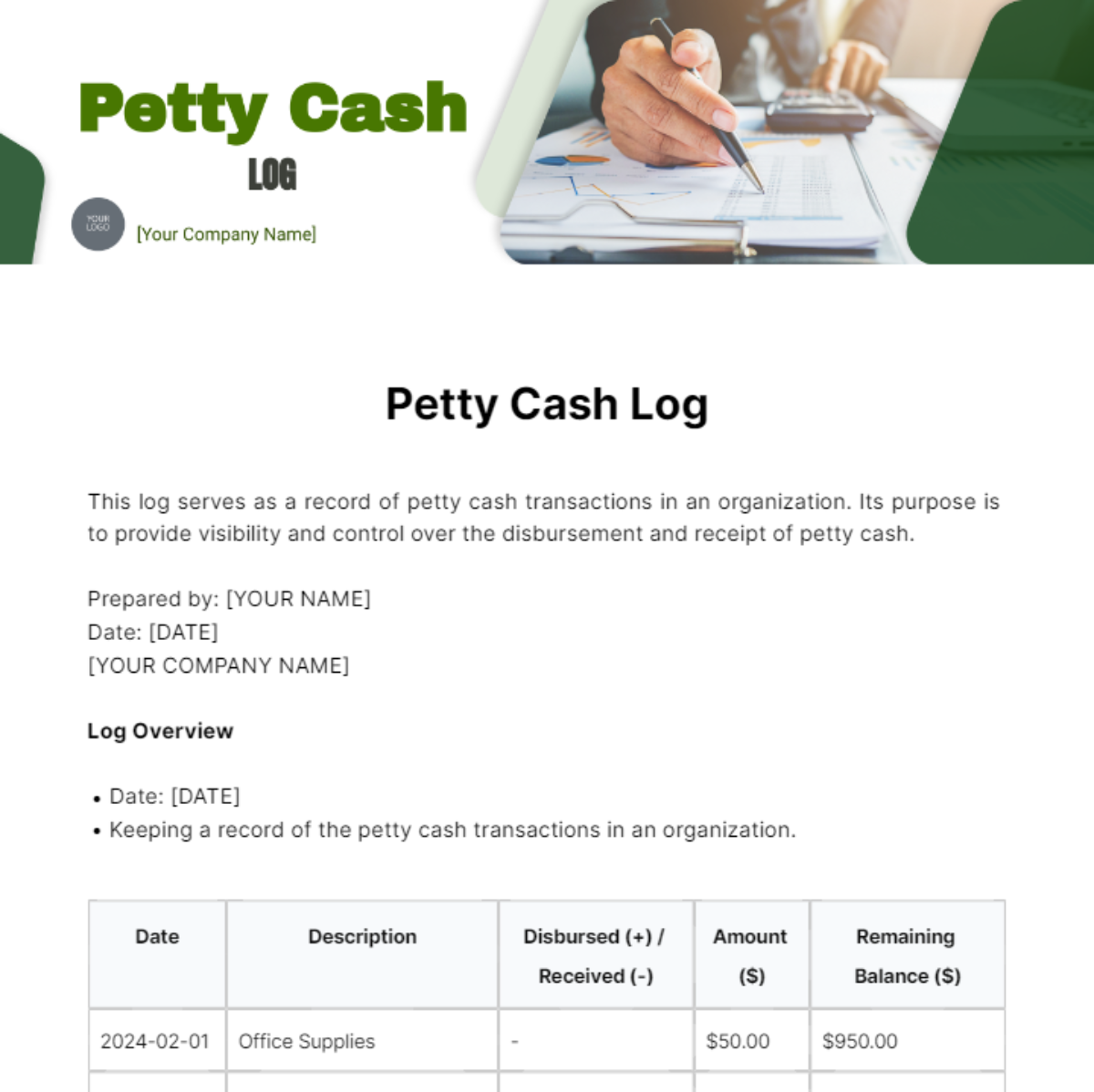 Petty Cash Log Template