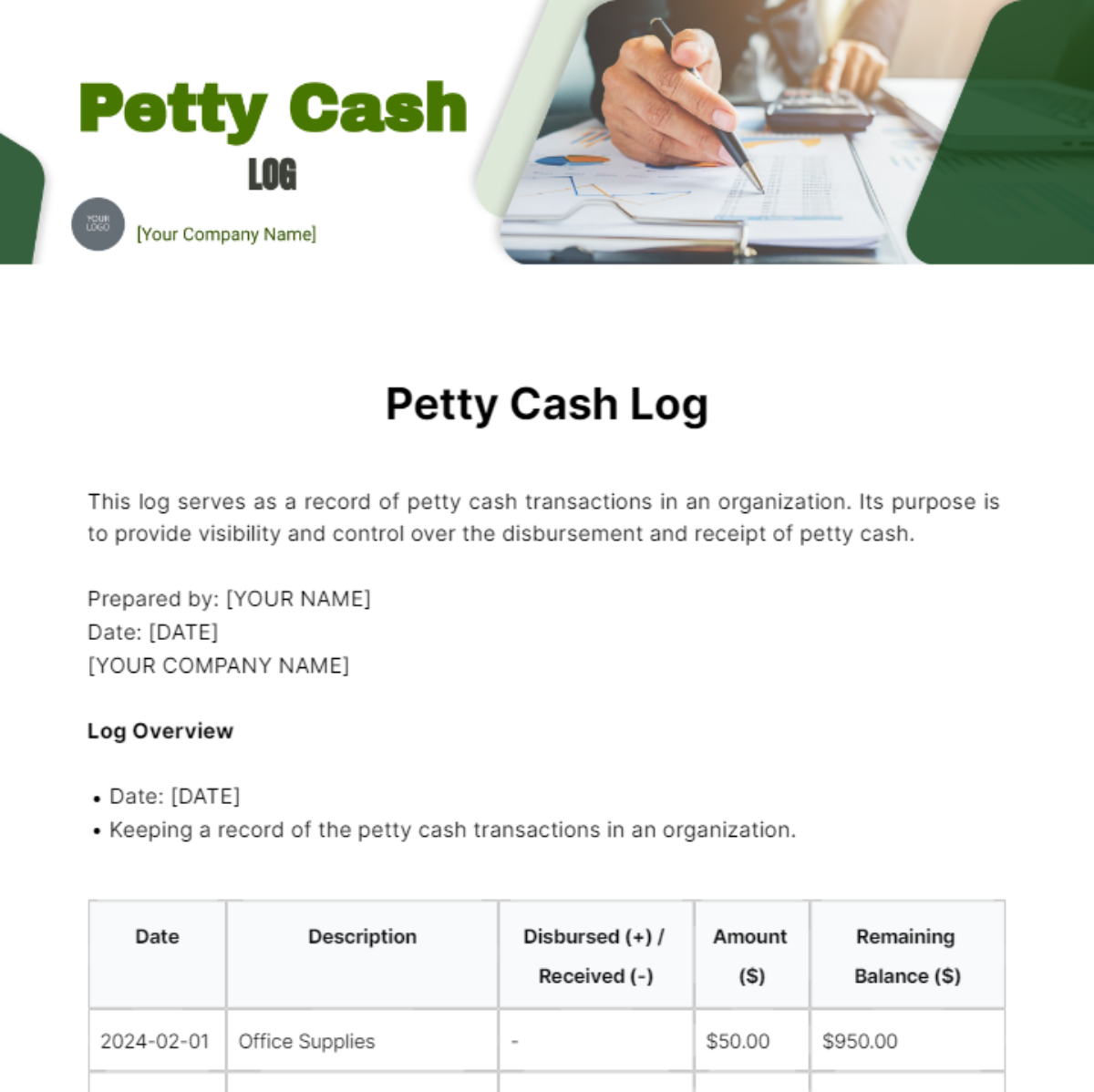 Petty Cash Log Template - Edit Online & Download