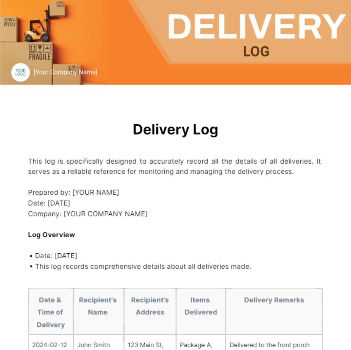 Delivery Log Template