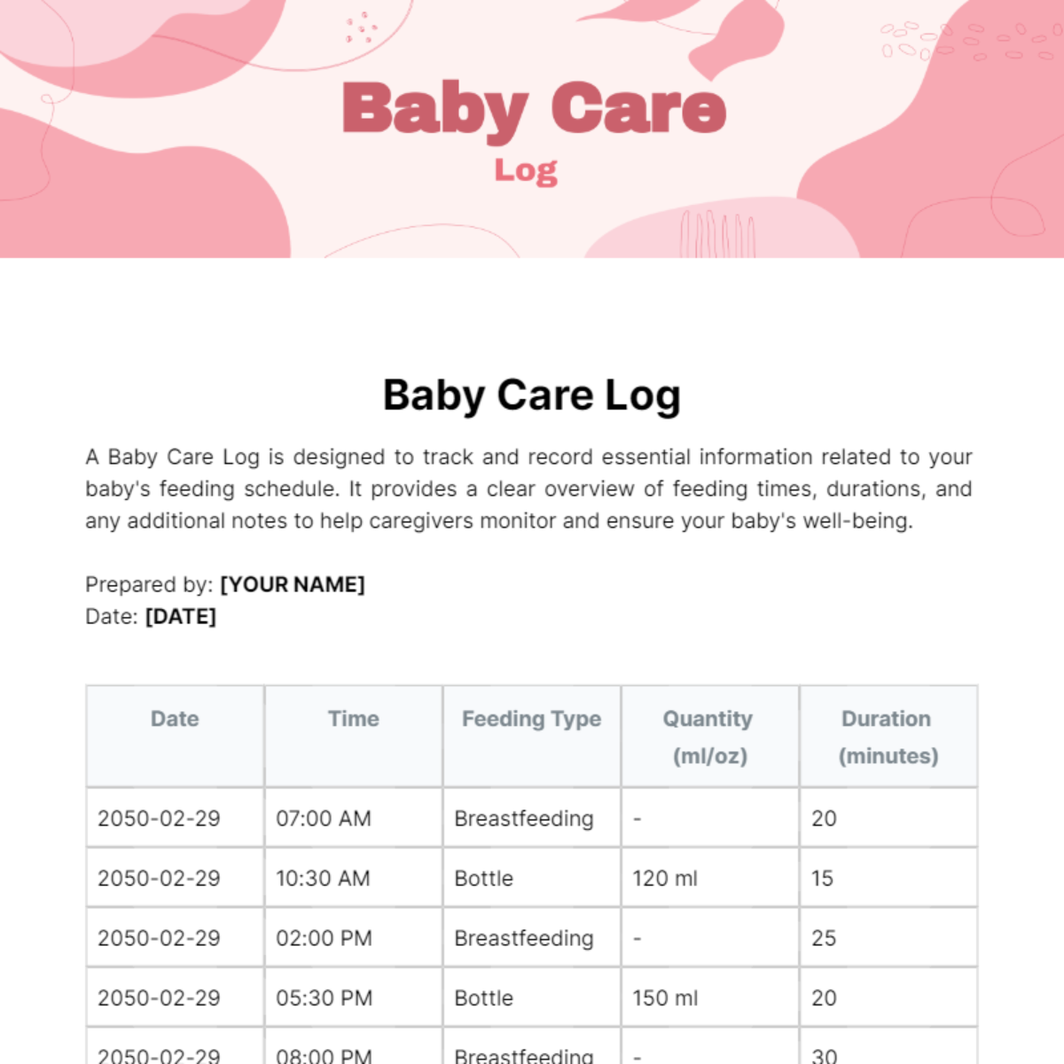 Baby Care Log Template