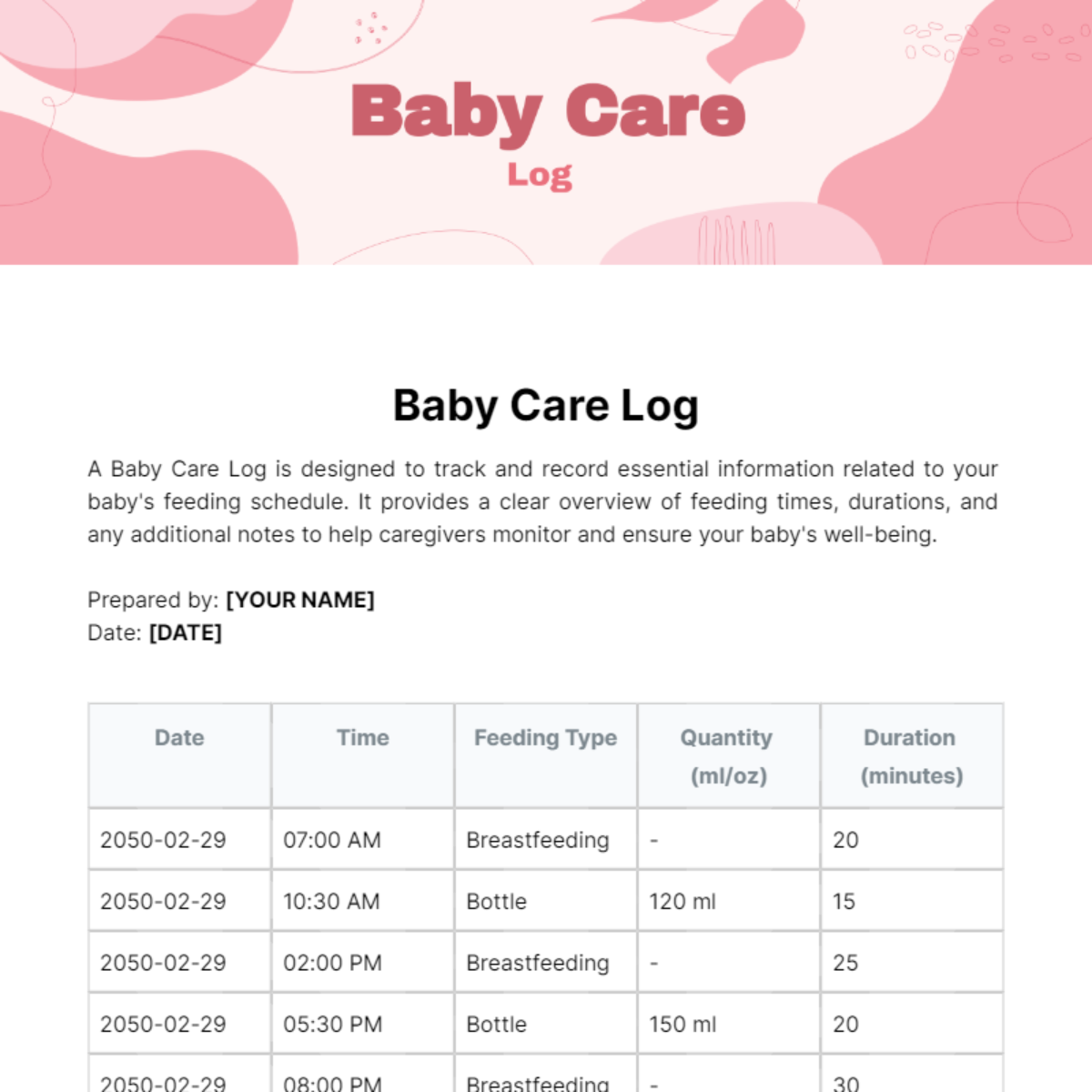 Baby Care Log Template - Edit Online & Download