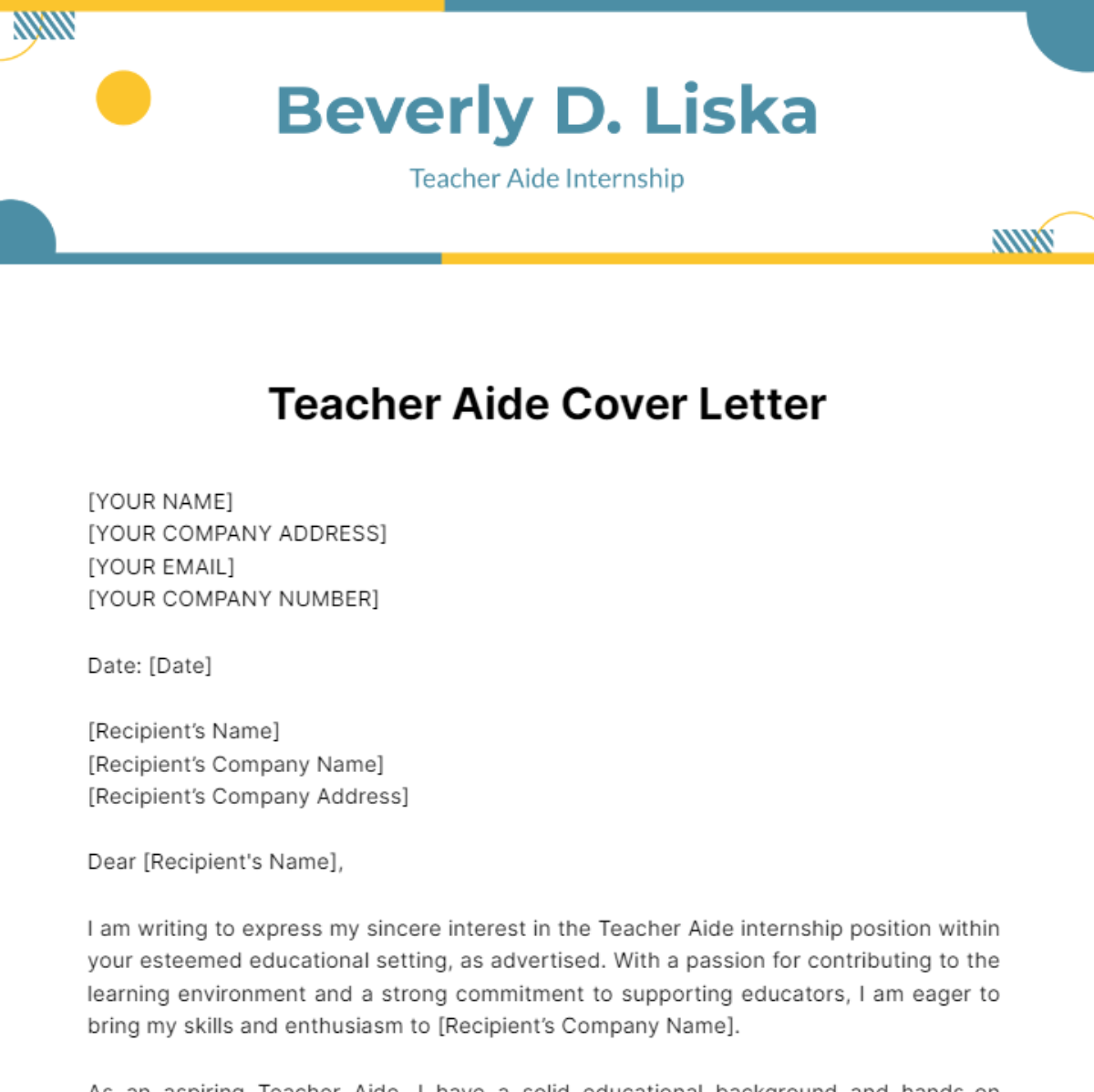 Teacher Aide Cover Letter Template
