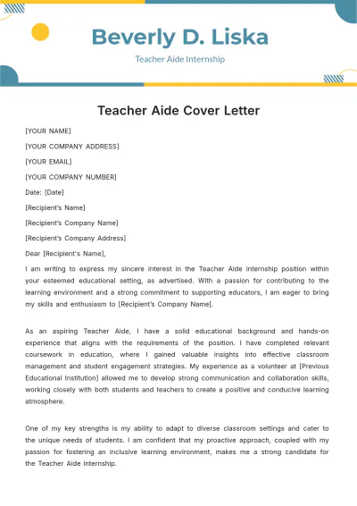 Free Teacher Aide Cover Letter Template to Edit Online