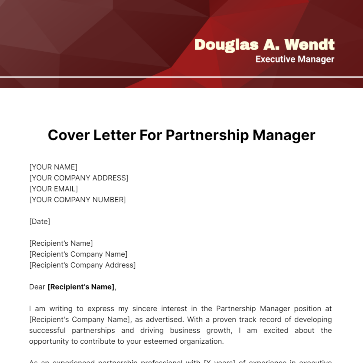 Cover Letter For Partnership Manager Template