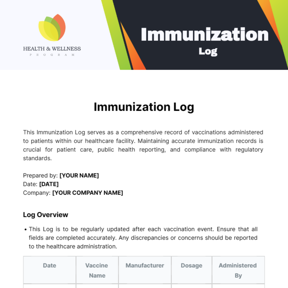 Immunization Log Template