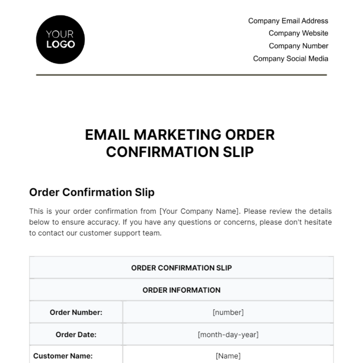 Free Email Marketing Order Confirmation Slip Template